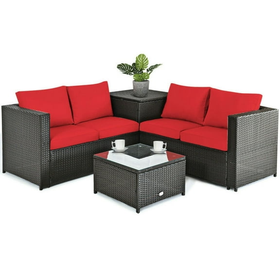 Topcobe 4 Pieces Outdoor Patio Rattan Furniture Set with Cushioned Loveseat and Storage Box, Outdoor Patio Furniture for Garden Backyard-Red
