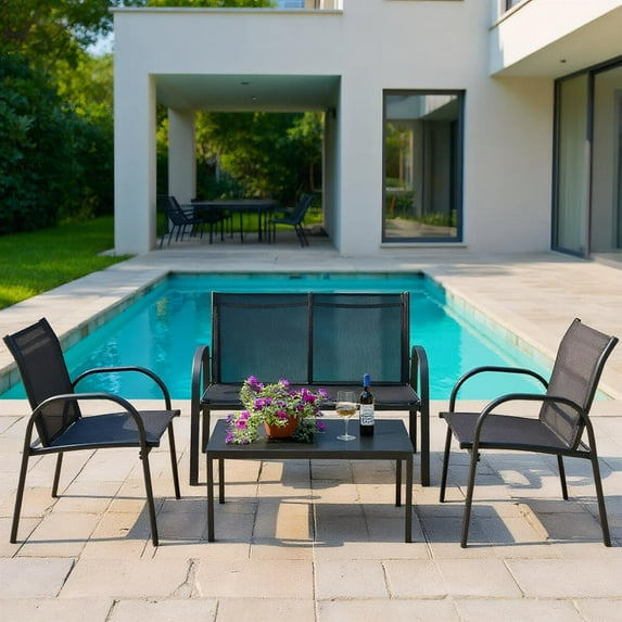 Topcobe 4 Pieces Patio Furniture Set with Glass Top Coffee Table, Outdoor Patio Set