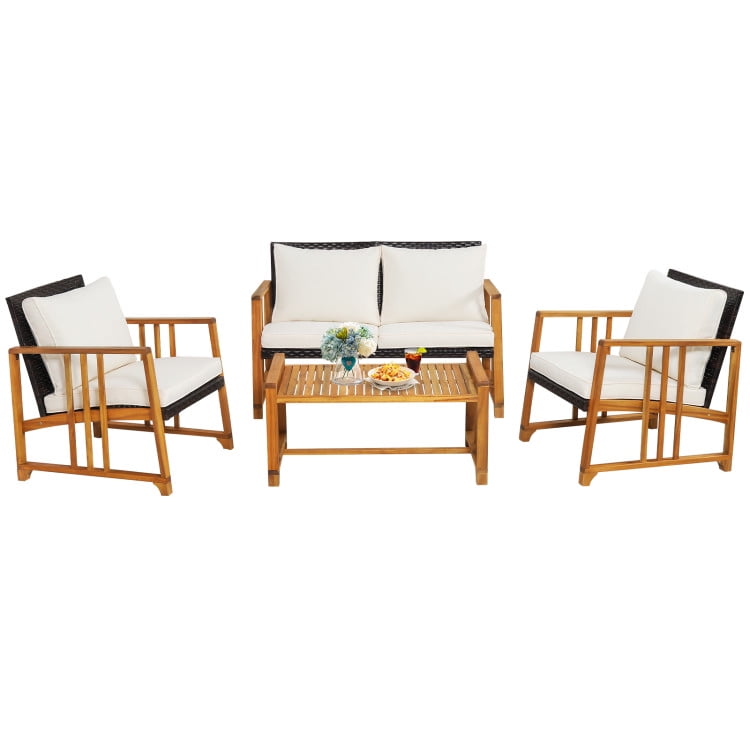 4-Piece Off-White Cushioned Acacia Wood Patio Set