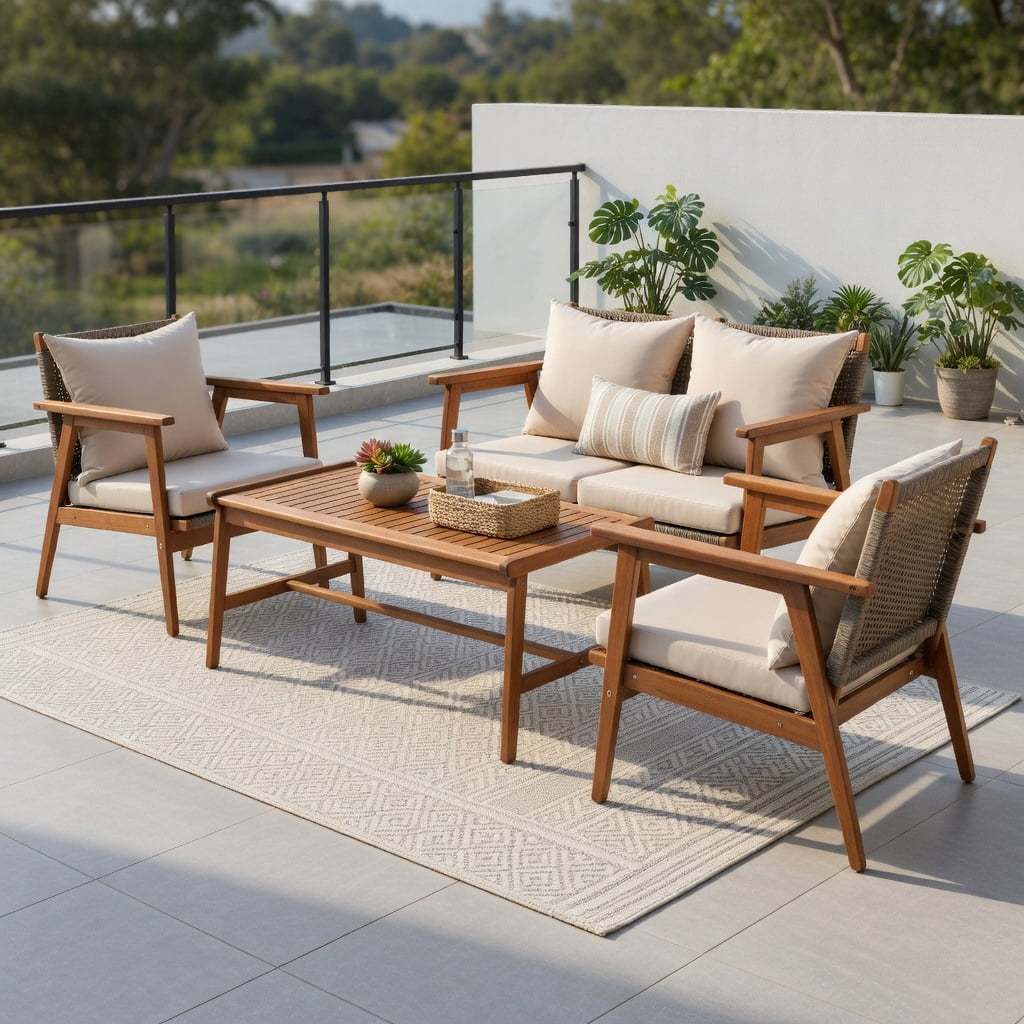 Topcobe 4 Pieces Patio Wicker Rattan Furniture Set for Lawn Backyard, Acacia Wood Patio Outdoor Patio Furniture, Brown