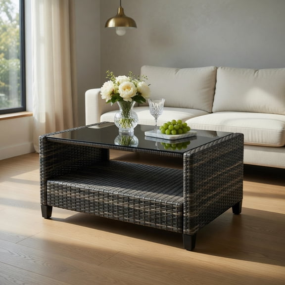 Topcobe 4 Pieces Wicker Patio Furniture Set, Coffee Table Cushioned Sofa, Modern Patio Furniture, Gray