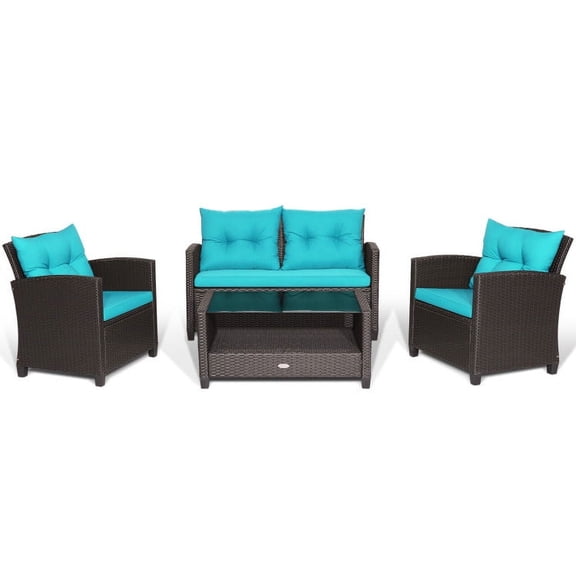 Topcobe 4 Pieces Wicker Patio Furniture Set with Tempered Glass Coffee Table, Wicker Outdoor Sectional, Turquoise