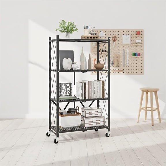 Topcobe 4-Tier Foldable Storage Shelf Collapsible Storage Rack with Lockable Wheels, Modern Furniture for Indoor-Black