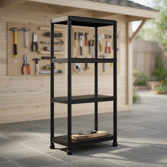Topcobe 4-Tier Heavy-Duty Plastic Storage Shelves Freestanding Garage Shelving Unit, 0utdoor Plant Stand Tall, Corner Display Rack
