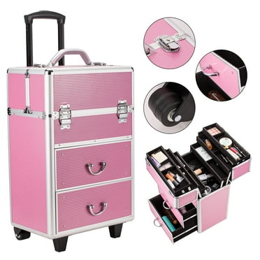 Topcobe 4 Tier Lockable Rolling Cosmetic Makeup Train Cases, Cosmetic Organizer Makeup Case with Extendable Trays, Pink