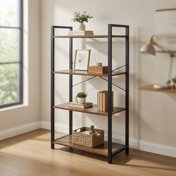 Topcobe 4-Tier Rustic Bookshelf Industrial Bookcase Diaplay Shelf Storage Rack, Tall Bookshelf Modern Book Case for Books, CDs, Movies