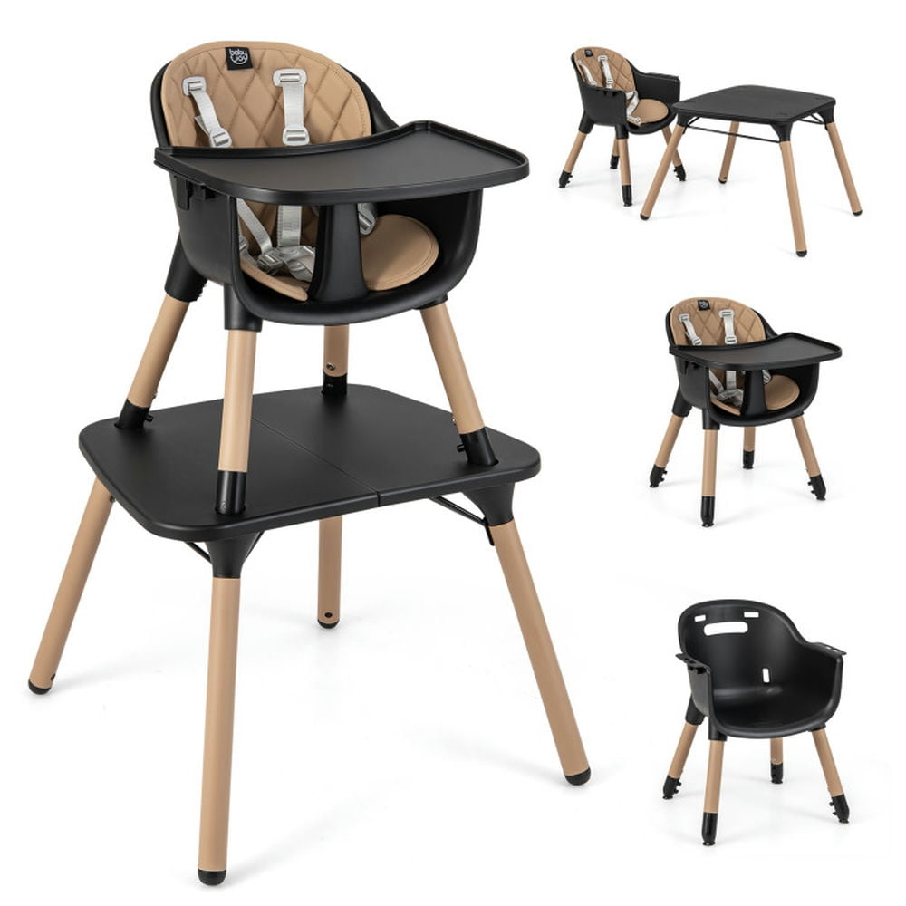 Topcobe 4-in-1 Baby Convertible Toddler Table Chair Set with PU Cushion, High Chairs for Babies and Toddlers-Brown