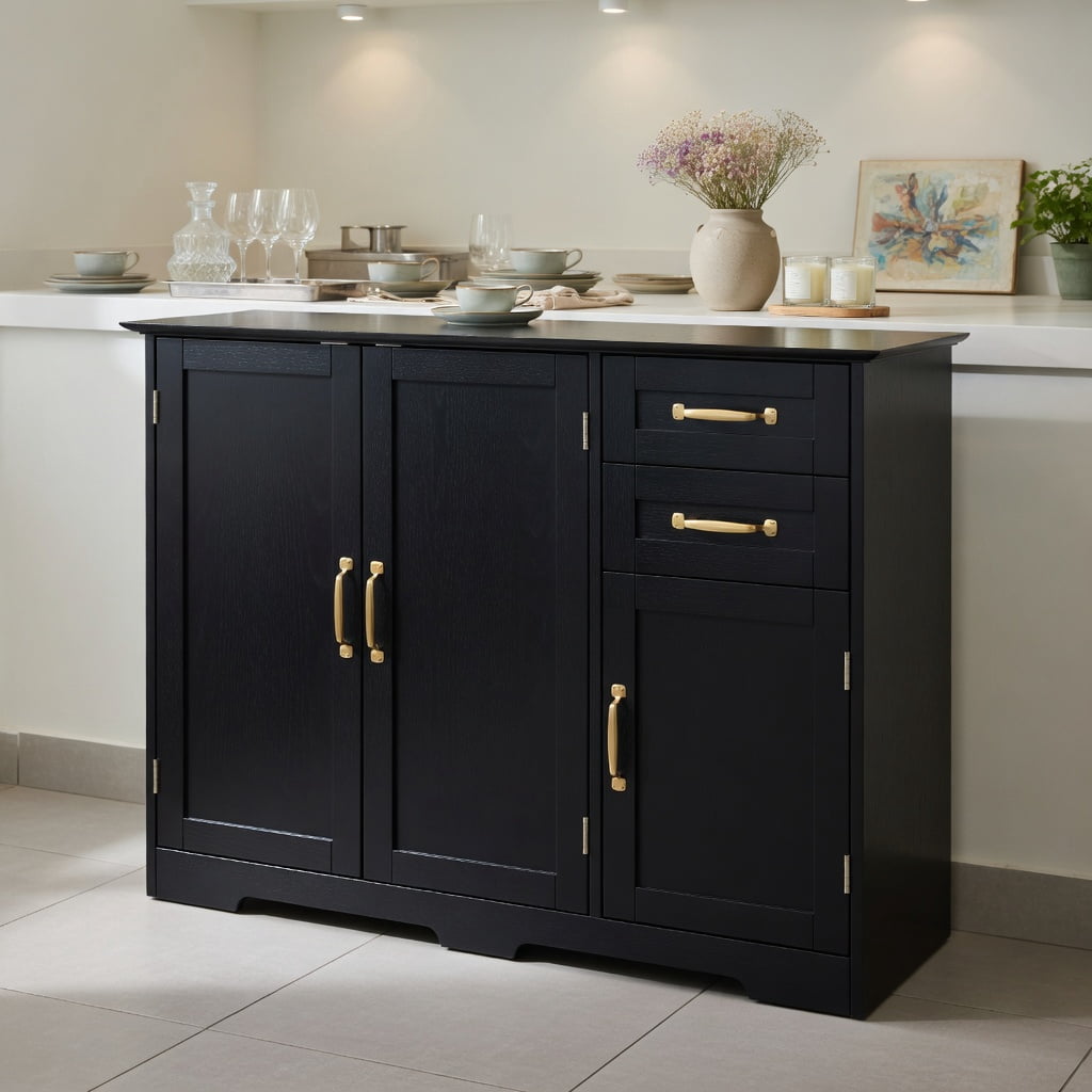 Topcobe 40 Inch Modern Kitchen Sideboard Buffet Cabinet with 2 Drawers and Adjustable Shelf, Modern Furniture, Sturdy, Fashion-Black