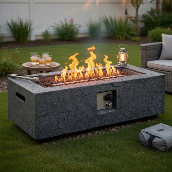 Topcobe 42.5 Inch 50000 BTU Fire Pit Table Set with Stainless Steel Burner, Outdoor Patio Furniture for Garden Backyard Pool Deck