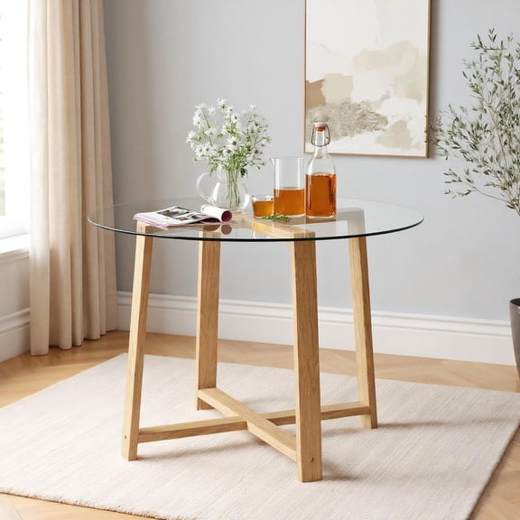 Topcobe 42 Inches Round Glass Dining Table with Tempered Glass Tabletop and Rubber Wood Legs, Modern Coffee Table for Living Room, Bedroom-Natural