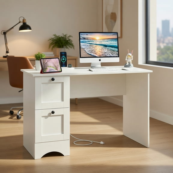 Topcobe 43 Inch Computer Desk with Charging Station for Living Room, Modern Furniture for Indoor-White