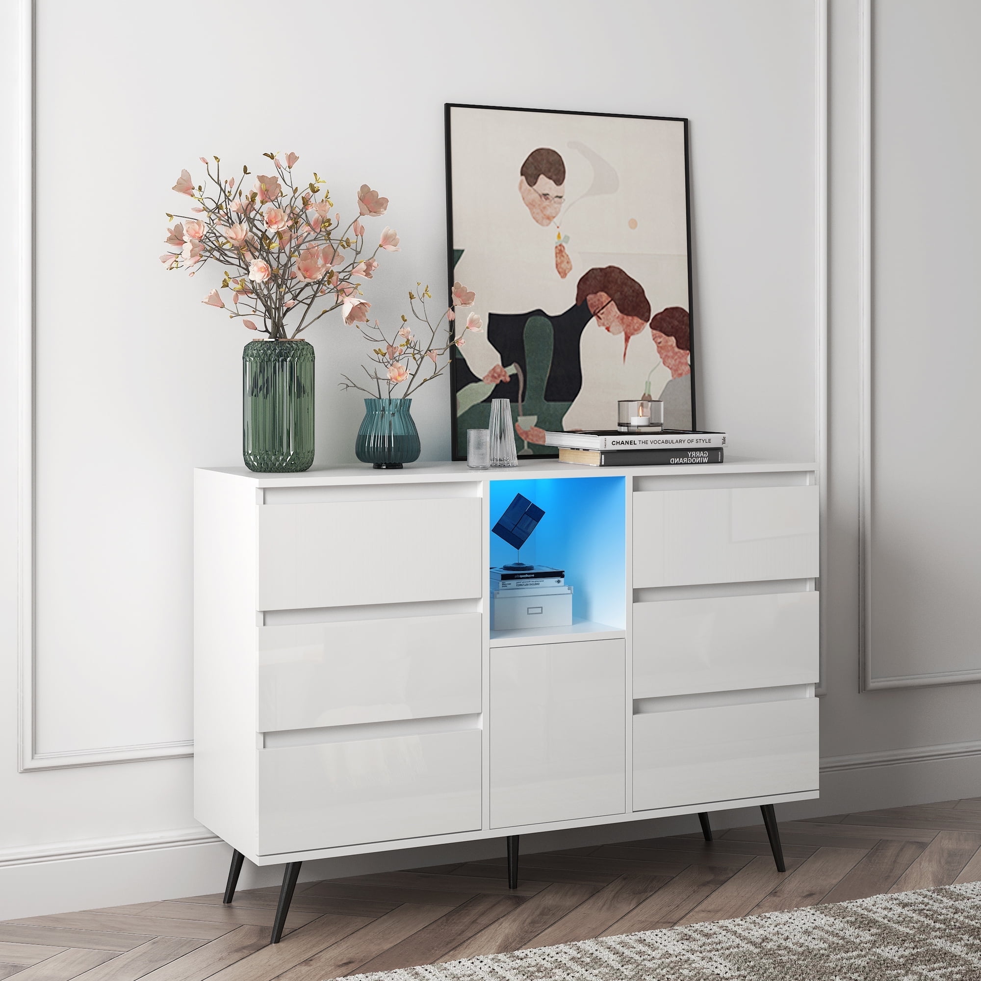 Topcobe 46 Inch White Floor Cabinet with 16 Colors LED Lights, Modern ...