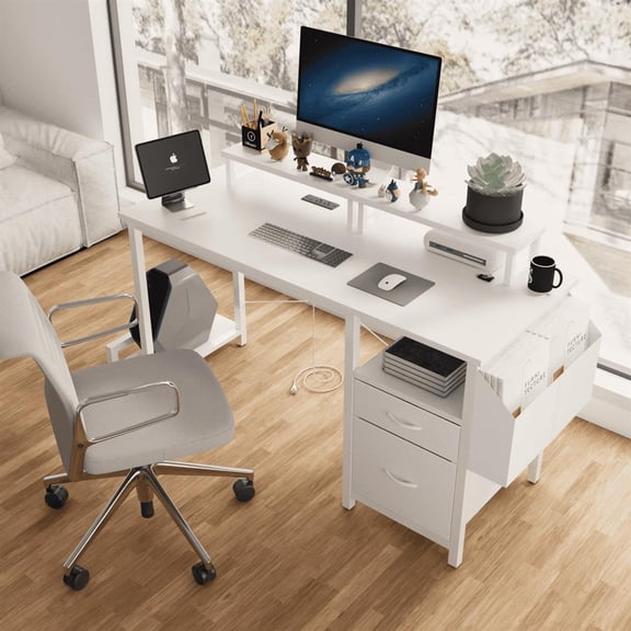 Topcobe 47.3" Space-Saving Desk with Power Outlet, Dual Monitor Holders, Storage Compartment, Quick Assembly, Durable Frame, Versatile for Home, Office, Gaming, White