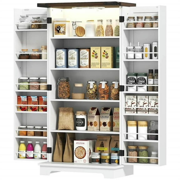 Topcobe 47" Smart LED Kitchen Cabinet, Sliding Door Pantry, Extendable Shelves, Soft Close, White for Modern Kitchen Organization