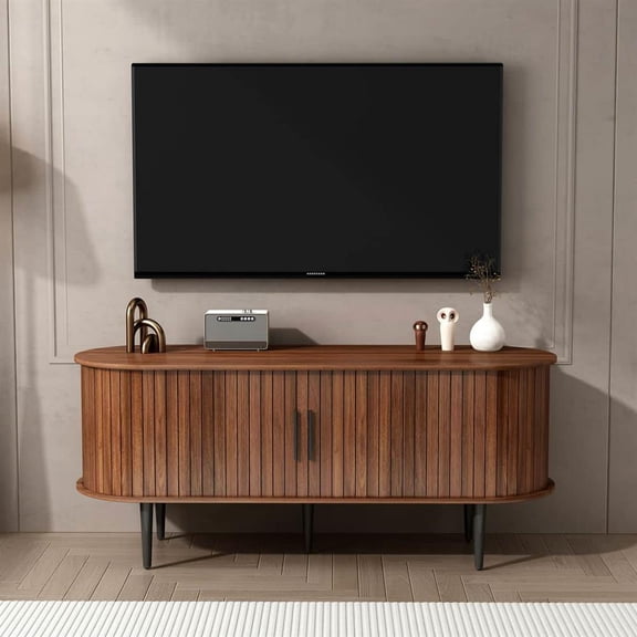 Topcobe 47" Ultra-Modern Entertainment Center, Sleek TV Stand with Hidden Storage, Sliding Door Cabinet, Perfect for Living, Bedroom, Office, Walnut