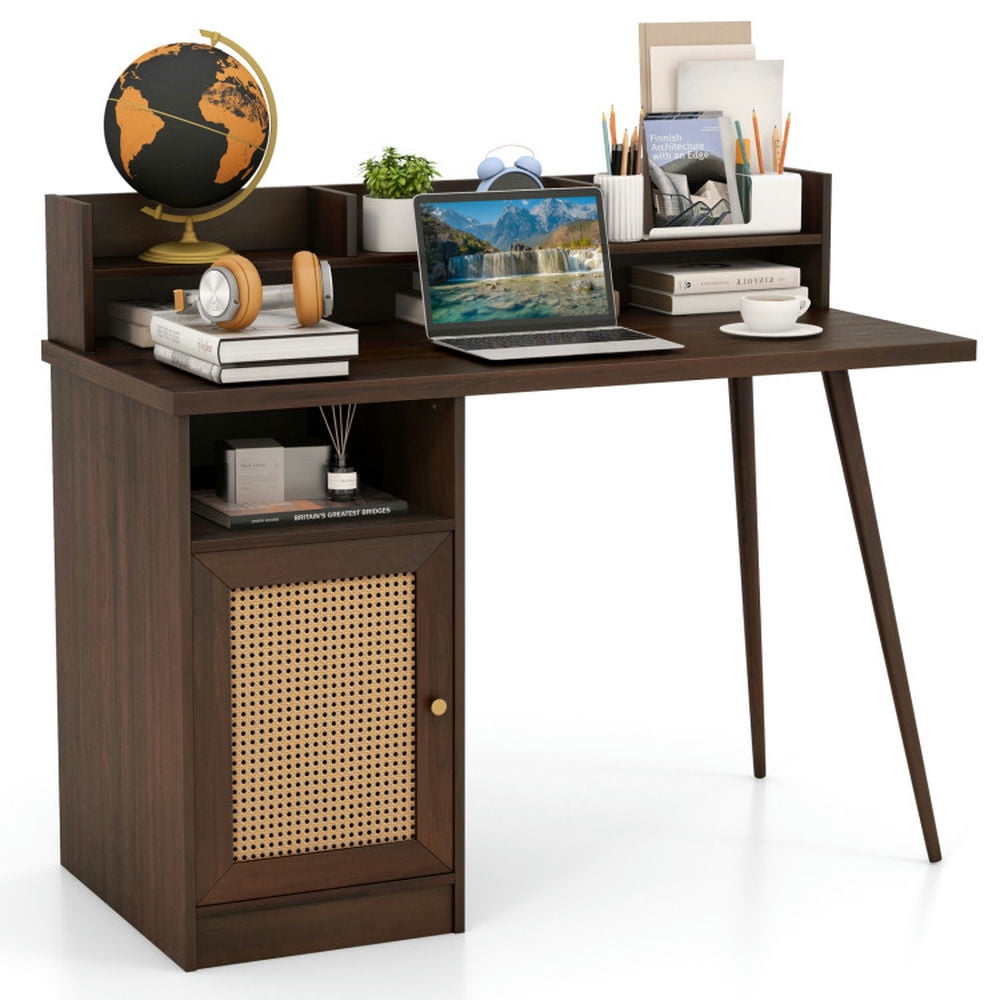 Topcobe 48" Computer Desk with Hutch and PE Rattan Cabinet Shelves, Writing Table Workstation, Ideal for Working and Studying, Walnut