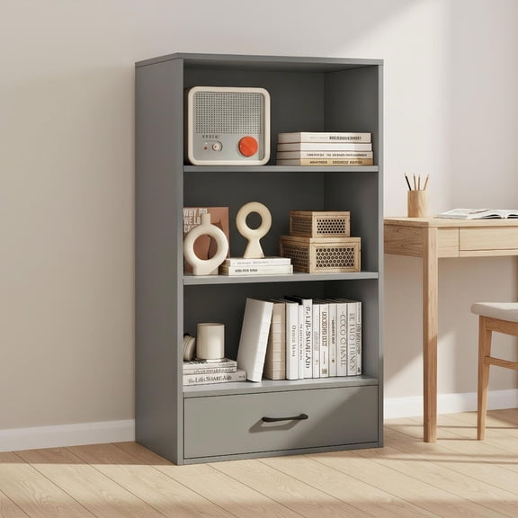 Topcobe 48" Tall 4 Tiers Wood Bookcase with Drawer, Corner Storage Organizer for Bedroom Home Office, Gray