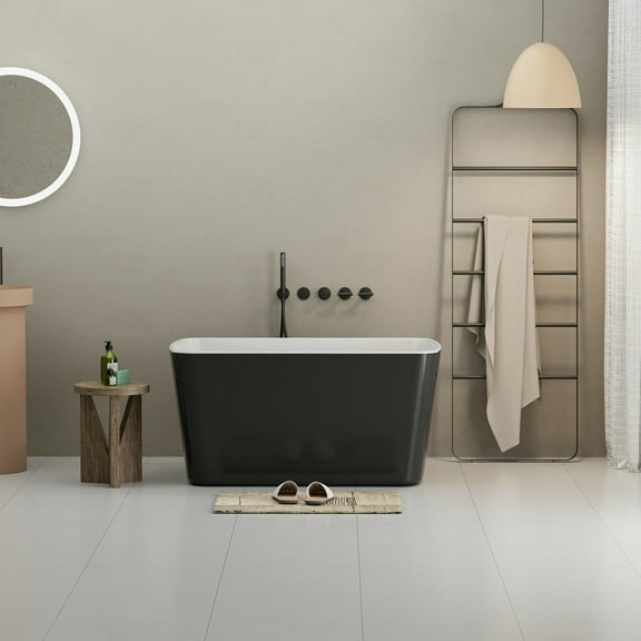 Topcobe 49" Acrylic Freestanding Soaking Bathtub, Square-Shape Soaking Hot Tub with Chrome Overflow and Drain, Glossy Black, Bathroom Tub, Modern Bath Tubs, Freestanding Bathtubs