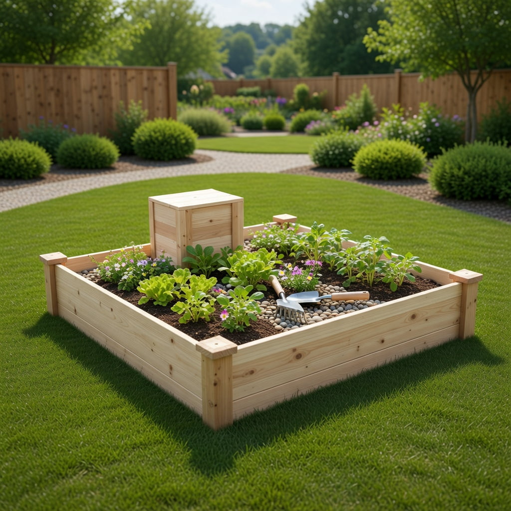 Topcobe 49" x 49" x 10" Raised Garden Bed with Compost Bin and Open-ended Bottom, Planters for Outdoor Plants, Raised Beds for Gardening, Natural