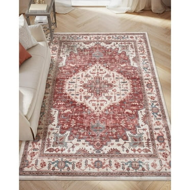 Topcobe 4x6 Area Rug, Washable Soft Geometric Non Slip Vintage Rug, Non Shedding Low Pile Rug for Living Room Bedroom Kids Playroom, Red