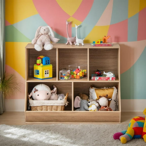 Topcobe 5-Cube Wooden Kids Toy Storage Organizer with Anti-Tipping Kits, Kids Bookshelf, Natural