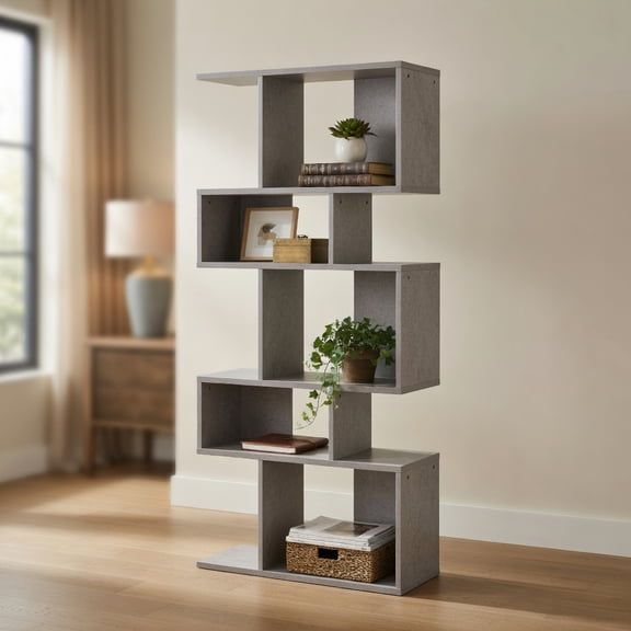 Topcobe 5 Cubes Ladder Shelf Corner Bookshelf Display Rack Bookcase, Tall Bookshelf Modern Book Case for Books, CDs, Movies, Gray