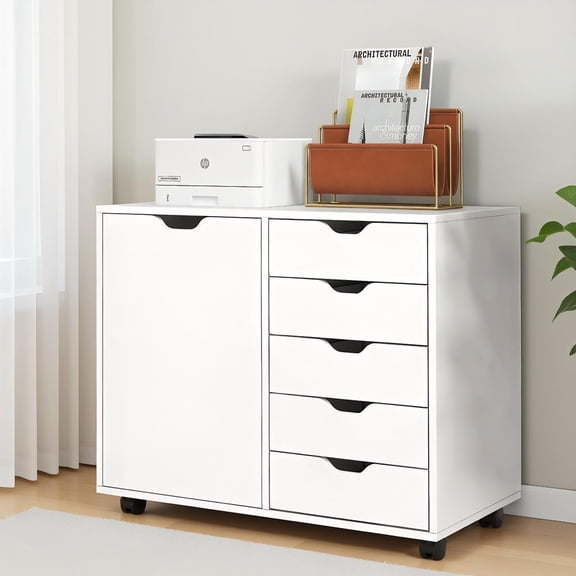 Topcobe 5-Drawer Dresser Chest Mobile Storage Cabinet with Door, Rolling Storage Organizer with Drawers, White