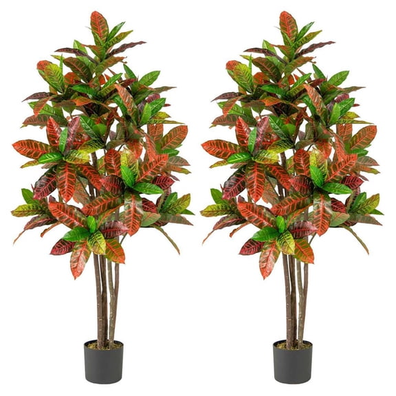 Topcobe 5 FT Tall Artificial Croton Plant with Gradient Leaves and Nursery Pot 2 Pack, Artificial Trees for Home Decor Indoor Outdoor