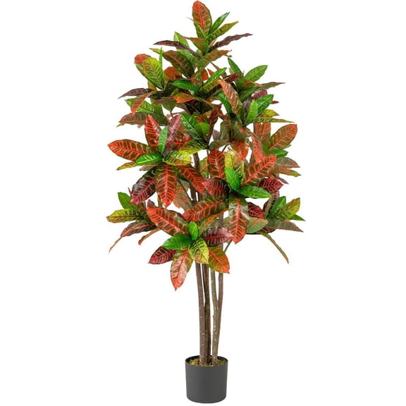 Topcobe 5 FT Tall Artificial Croton Plant with Gradient Leaves and Nursery Pot, Artificial Trees for Home Decor Indoor Outdoor, 1 Pack