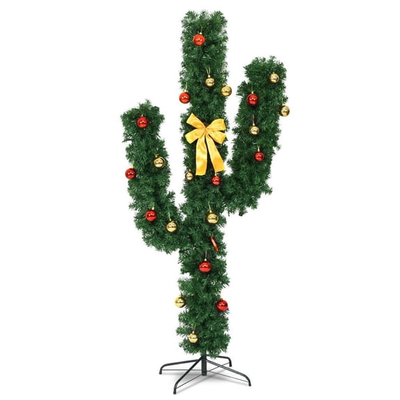 Topcobe 5 Feet Artificial Cactus PVC Christmas Tree with LED Lights and Ball Ornaments, Christmas Decorations for Indoor Party-5 ft