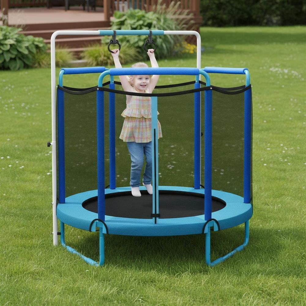 Topcobe 5 Feet Kids 3-in-1 Game Trampoline with Enclosure Net Spring Pad, Recreational Trampolines for Kids, Large Trampoline for Outdoor Backyards-Blue