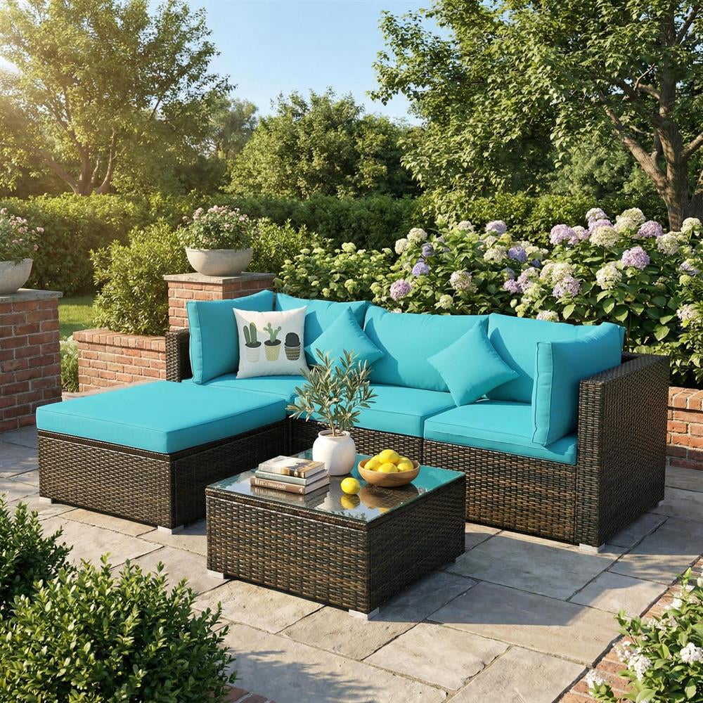 Topcobe 5 Pcs Outdoor Patio Rattan Furniture Set Sectional Conversation with Navy Cushions, Outdoor Patio Furniture for Garden Backyard-Turquoise