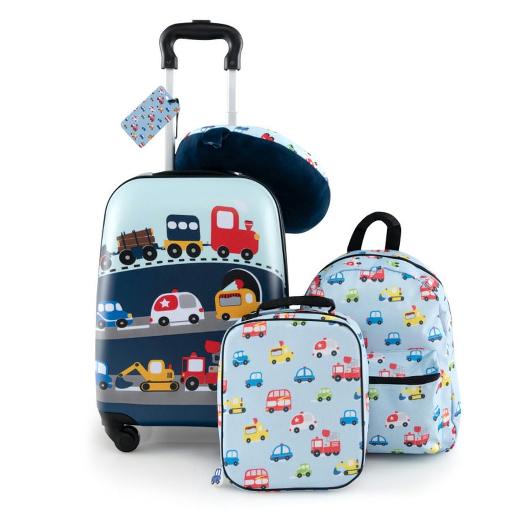 Topcobe 5 Piece Kids Luggage Set with Backpack Neck Pillow Name Tag Lunch Bag, Kids Rolling Luggage-Blue