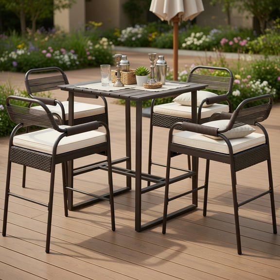 Topcobe 5 Piece Rattan Counter Set with 4 Stools and Polywood Bar Table, Outdoor Patio Furniture-Brown