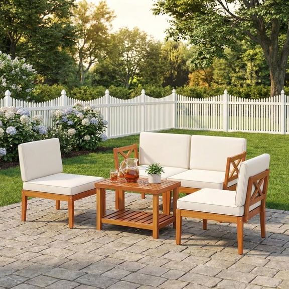 Topcobe 5 Pieces Acacia Wood Patio Furniture Set Outdoor Sectional Conversation Set with Cushions, Outdoor Patio Furniture for Garden Backyard Pool Deck-Off White