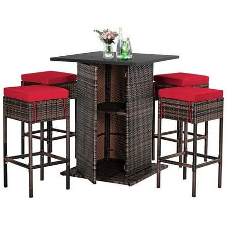 Topcobe 5 Pieces Patio Rattan Bar Table Stool Set Hidden Storage Shelf Cushioned, Outdoor Deck Furniture, Red