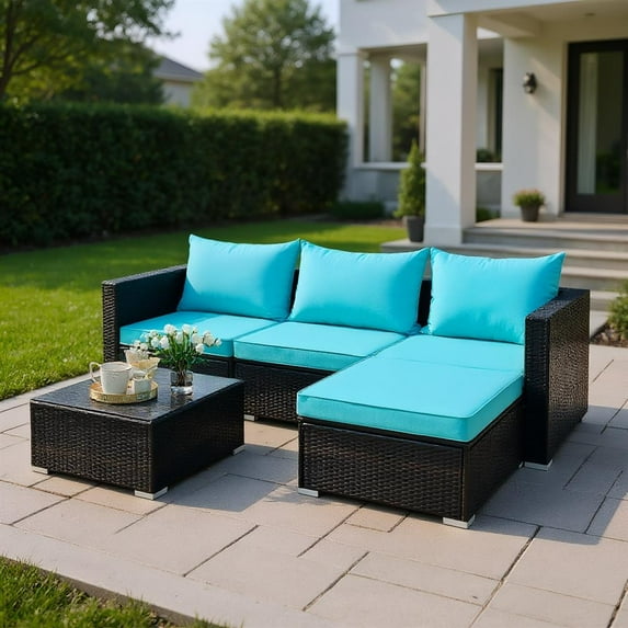 Topcobe 5 Pieces Patio Rattan Sectional Furniture Set with Cushions and Coffee Table, Outdoor Furniture, Turquoise