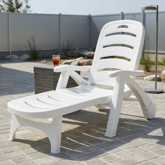 Topcobe 5 Position Adjustable Folding Lounger Chaise Chair on Wheels, Pool Deck Furniture, White