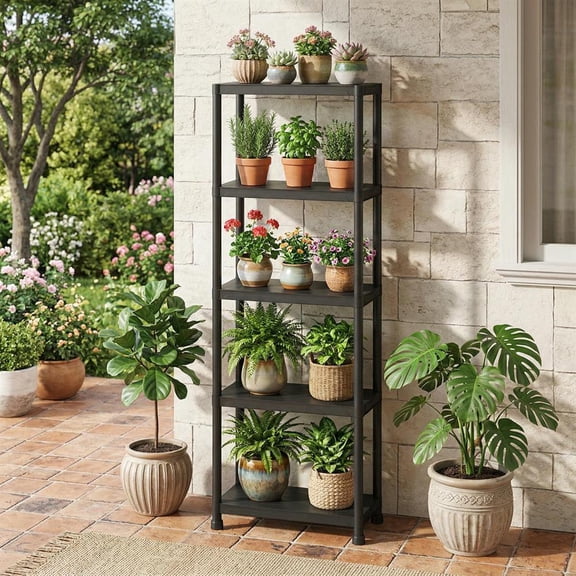 Topcobe 5-Tier Heavy-Duty Plastic Storage Shelves Freestanding Garage Shelving Unit, 0utdoor Plant Stand Tall, Corner Display Rack