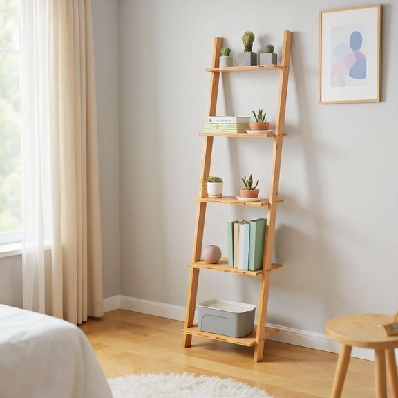 Topcobe 5-Tier Modern Bamboo Wall-Leaning Display Ladder Bookshelf, Tall Bookshelf Modern Book Case for Books, CDs, Movies