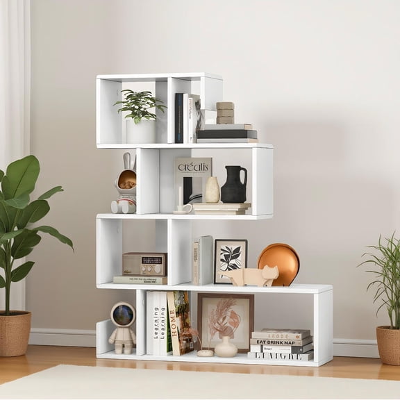 Topcobe 5-Tier S-Shaped Bookshelf Geometric Z-Shelf Bookcase with Open Cubes, Corner Bookshelf Modern Book Case for Books, CDs, Movies, White