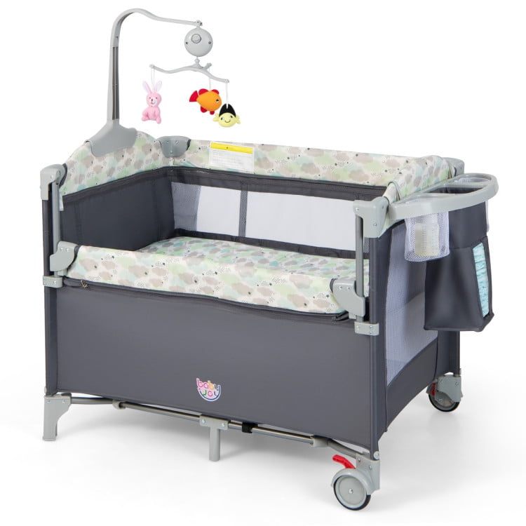 Topcobe 5-in-1 Portable Baby Beside Sleeper Bassinet Crib Playard with Diaper Changer, Playpen for Babies and Toddlers-Gray