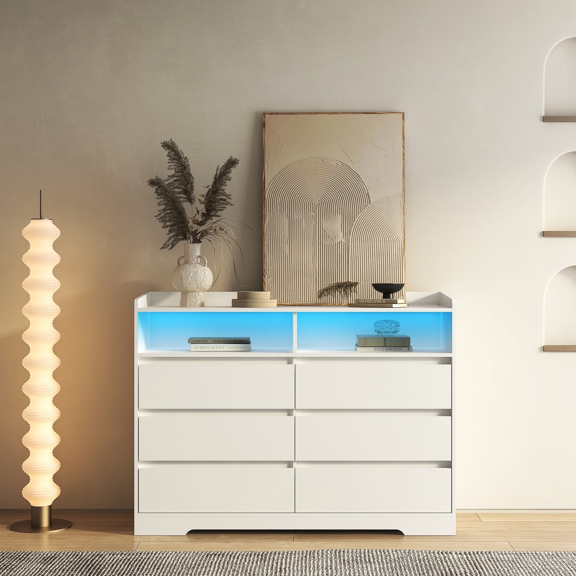 Topcobe 51" Modern Storage Cabinet with LED Lights, White Floor Cabinet Sofa Table with 6 Drawers for Living Room Entryway Topcobe 51" Modern Storage Cabinet with LED Lights, White Floor Cabinet Sofa Table with 6 Drawers for Living Room Entryway