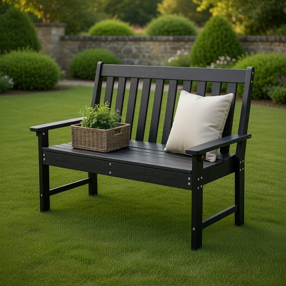 Topcobe 52 Inch All-Weather HDPE Outdoor Bench with Backrest and Armrests, Outdoor Patio Furniture for Porch Balcony Garden Backyard-Black