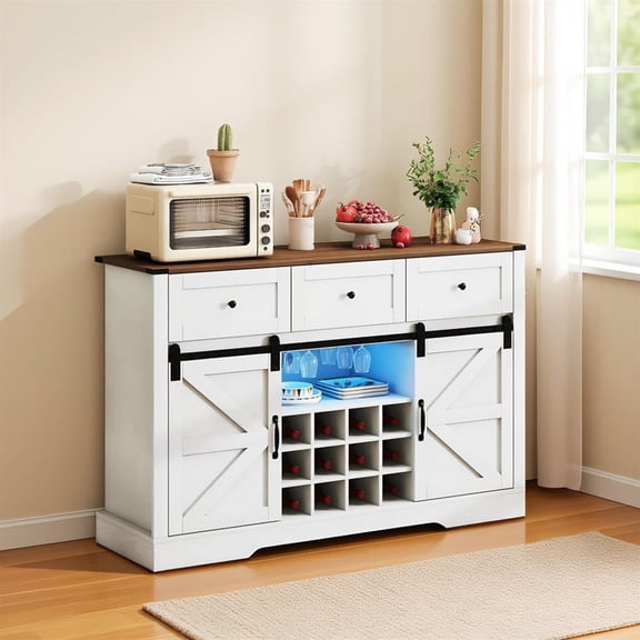 Topcobe 52 Inches Wine Bar Cabinet with LED Lights and Sliding Barn Doors, Modern Furniture, Sturdy, Fashion-White