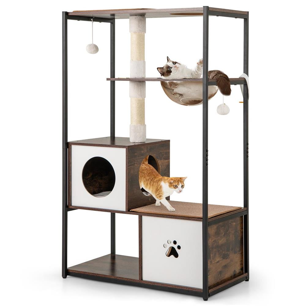 Topcobe 52" Tall Wooden Cat Tree Metal Frame w/2 Condos & Cushions, Cat Condo, Cat Towers for Indoor Cats-Coffee