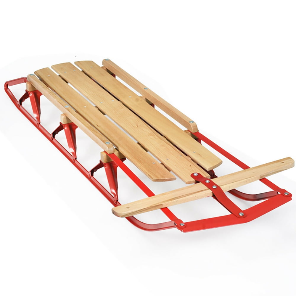 Topcobe 54 Inch Kids Wooden Snow Sled with Metal Runners and Steering Bar, Ski Sled Snowboard Winter Sport Ski Sled Slider Board for Downhill and Uphill