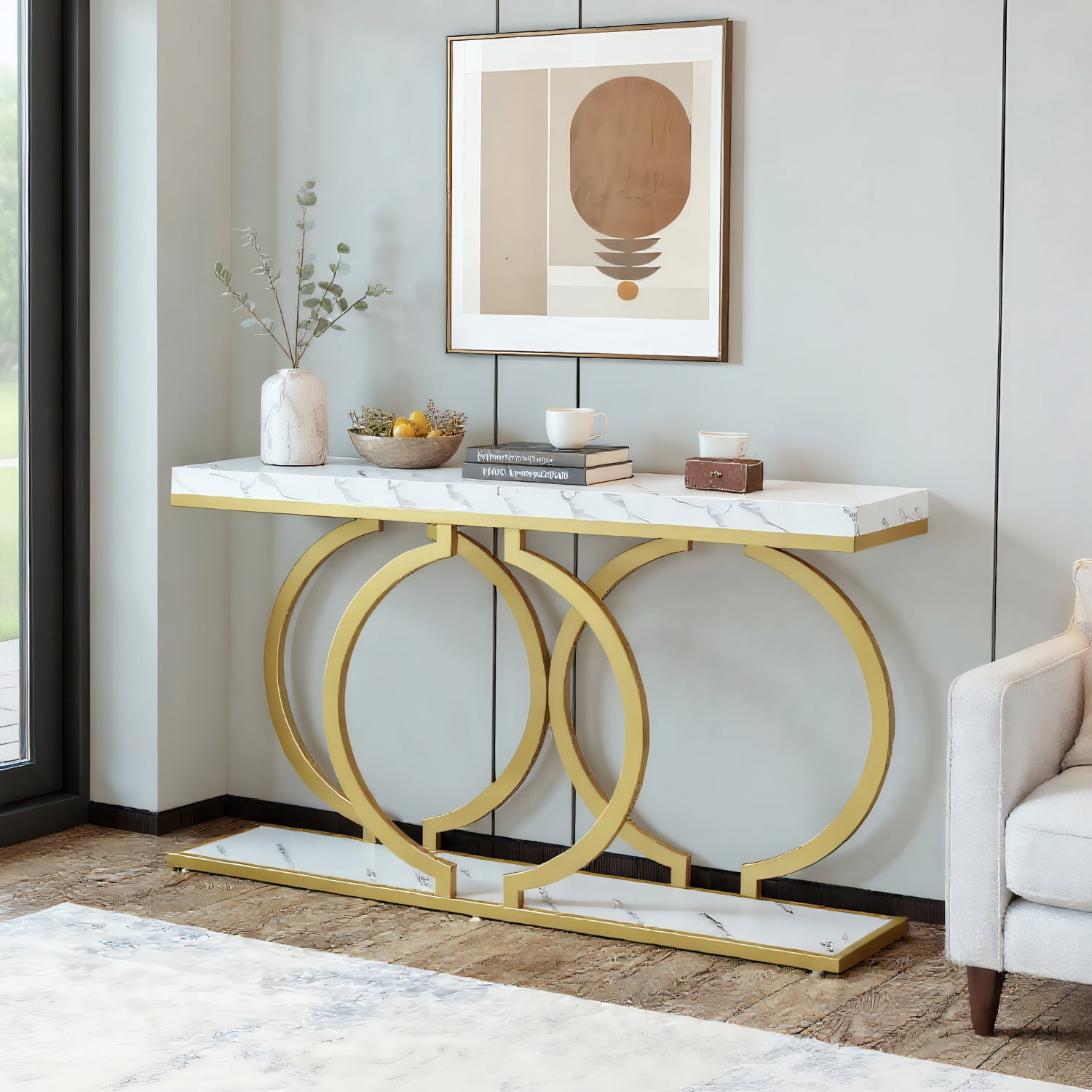 Topcobe 55" Console Table, Narrow Entryway Sofa Table with Geometric Metal Frame, Modern Furniture for Indoor, White & Gold
