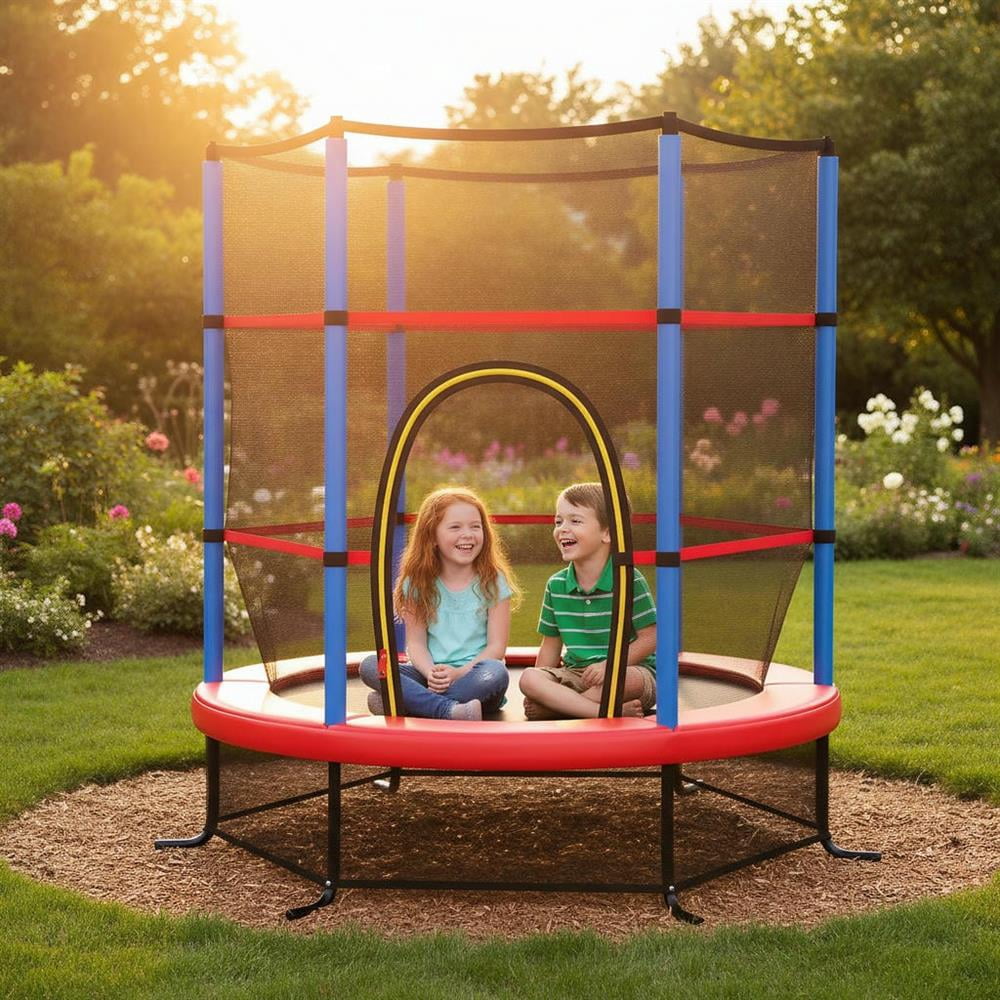 Topcobe 55 Inch Kids Recreational Trampoline Bouncing Jumping Mat with Enclosure Net, Recreational Trampolines for Kids, Large Trampoline for Outdoor Backyards-Navy