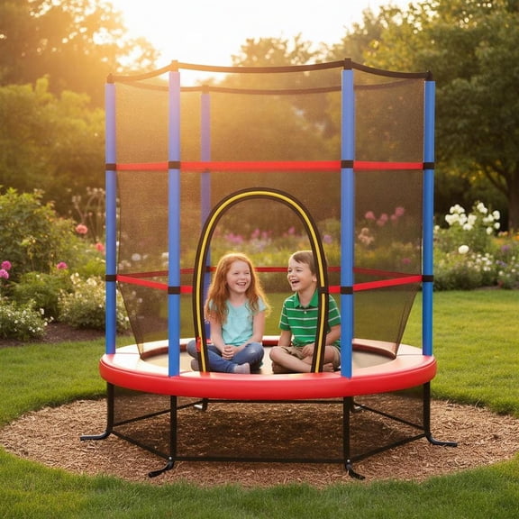 Topcobe 55 Inch Kids Recreational Trampoline Bouncing Jumping Mat with Enclosure Net, Recreational Trampolines for Kids, Large Trampoline for Outdoor Backyards-Navy